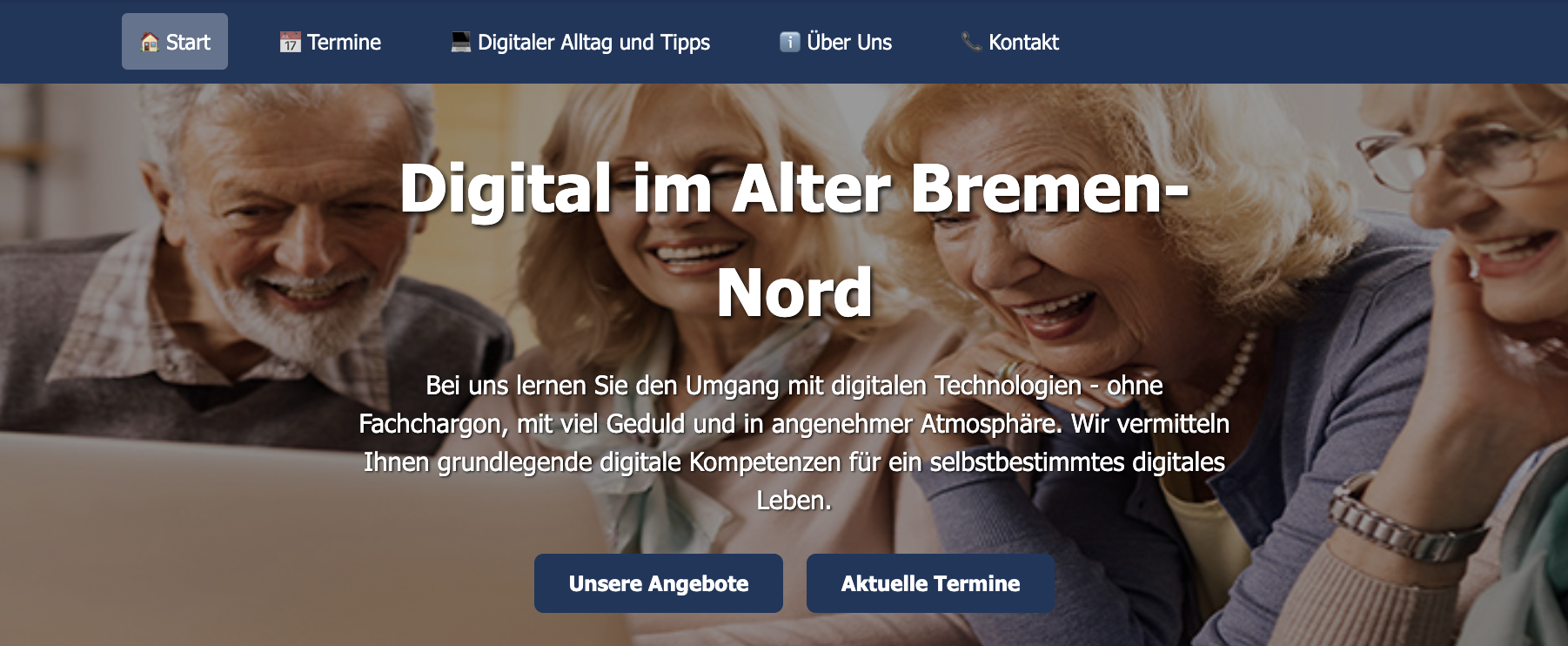 Obere Hälfte der Startseite von DiA Bremen Nord mit Bildern von älteren Männern und Frauen