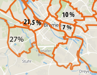 Ausschnitt aus dem Bremer Stadtplan mit vier Einträgen der Offliner-Quote