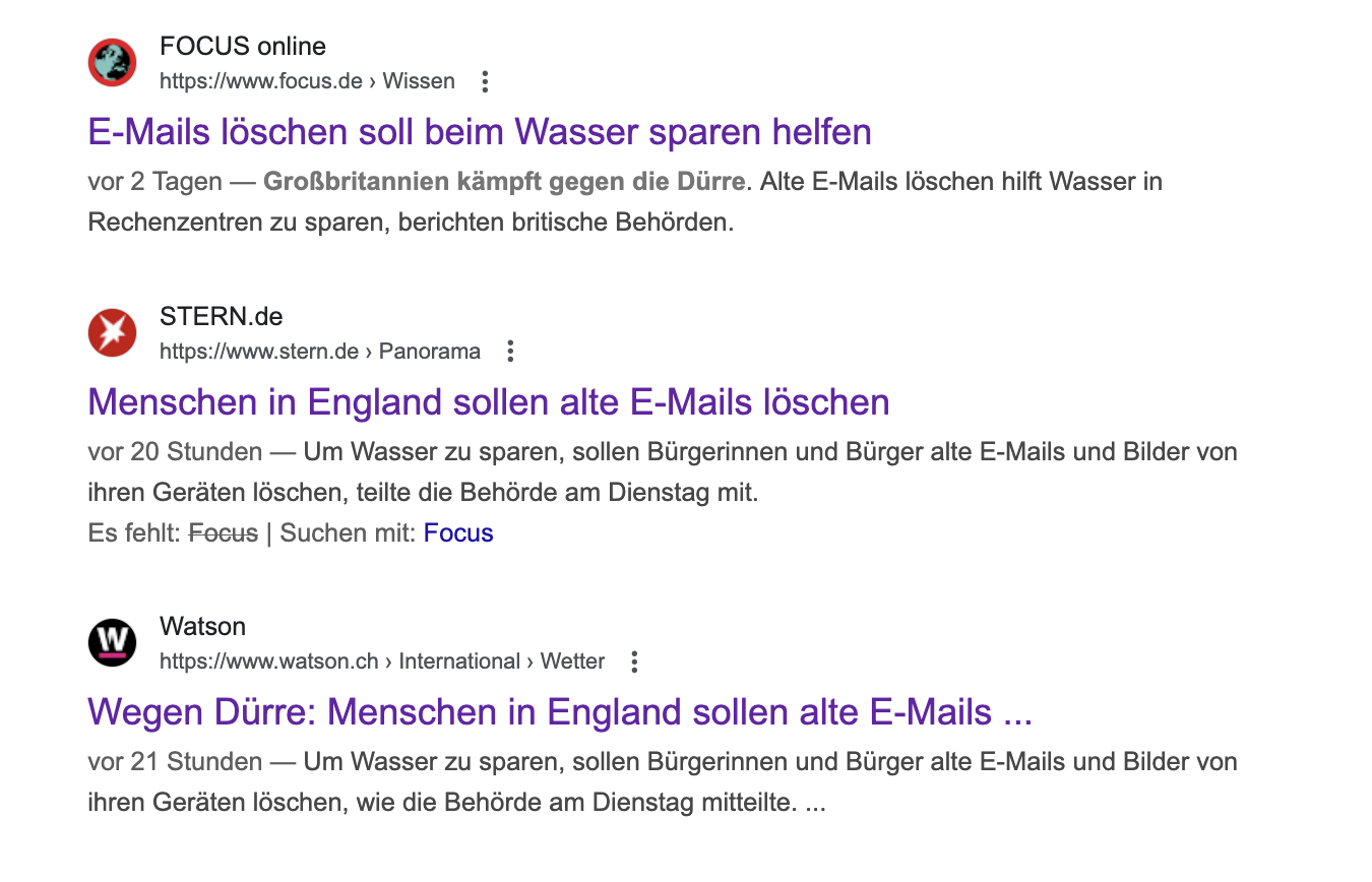 Drei  Ergebnisse einer Google-Suchanfrage zum Thema E-Mail-Löschen und Wasser sparen