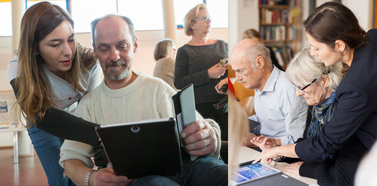 Zwei Fotos mit älteren Menschen mit einem Tablet in der Hand und einer jüngeren Frau, die helfend daneben steht