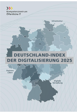 Titelblatt des Berichts  mit dem Titel Deutschland Index der Digitalisierung vor dem Hintergrund einer Deutschlandkarte
