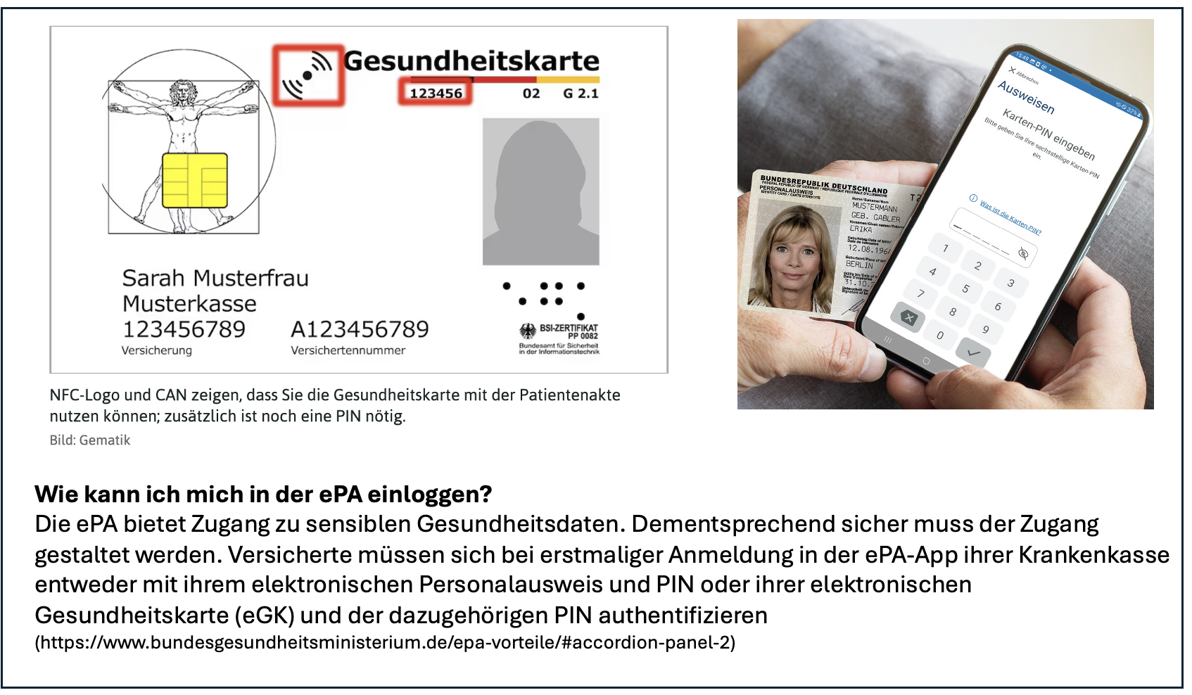 Eine Elektronische Gesundheitskarte und die Ausweis-App mit einem elektronischen Personalausweis