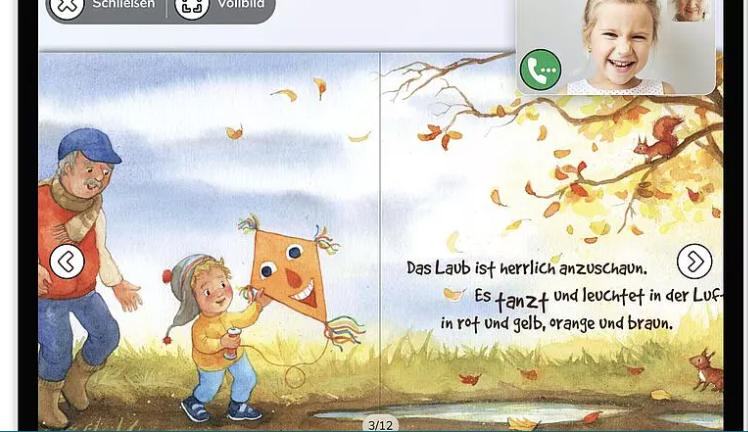 Screenshot von der Lesido App mit einem Bilderbuch und dem Gesicht einer älteren Frau oben rechts in einem Fenster