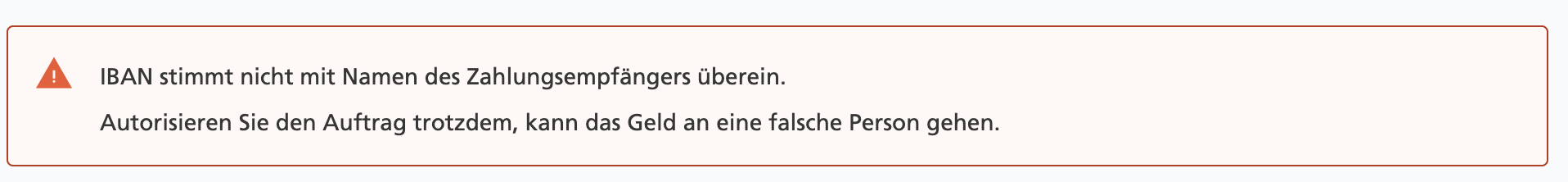 Screenshot eines Warnhinweises wegen fehlender Übereinstimmung der Empfängerangaben